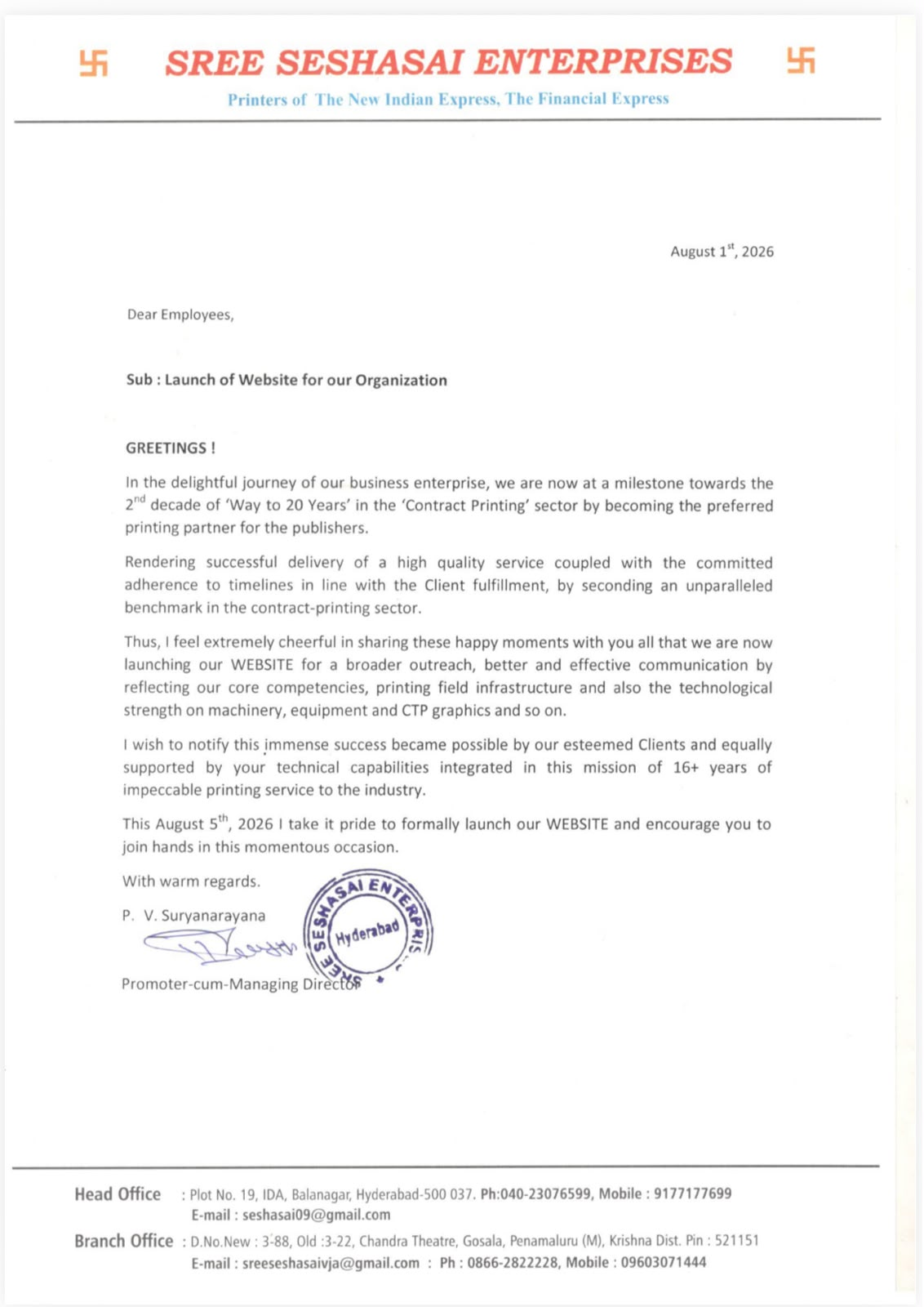 Website launch letter from P. V. Suryanarayana, Managing Director